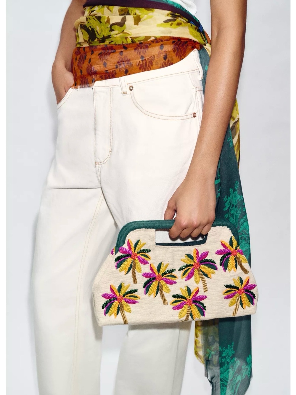 Zara Cream Embroidered Floral Clutch with Green Trim